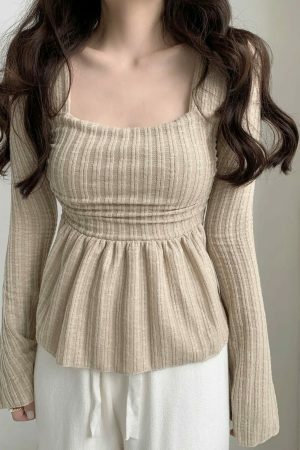 Y2K Korean Streetwear Square Neck Ribbed Top with Flared Sleeves