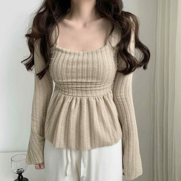 Y2K Korean Streetwear Square Neck Ribbed Top with Flared Sleeves