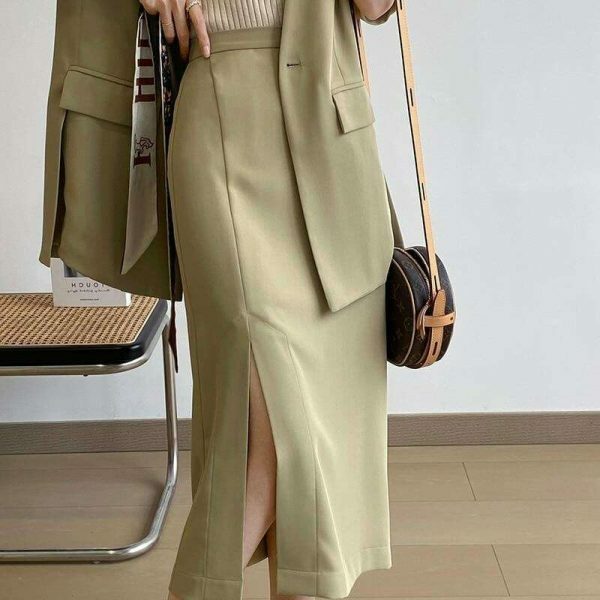 Y2K Korean Style Collarless Blazer & Front Slit Skirt Set