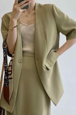 Y2K Korean Style Collarless Blazer & Front Slit Skirt Set