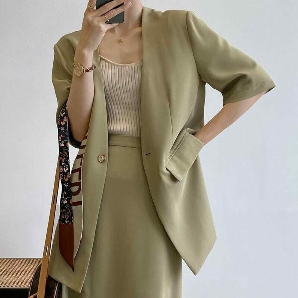 Y2K Korean Style Collarless Blazer & Front Slit Skirt Set