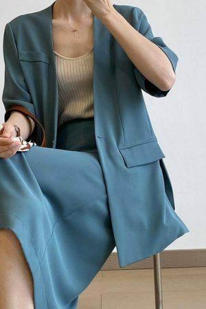 Y2K Korean Style Collarless Blazer & Front Slit Skirt Set