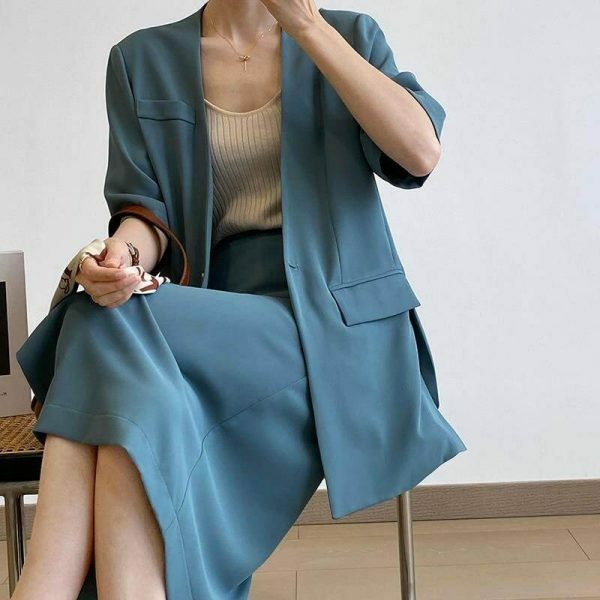 Y2K Korean Style Collarless Blazer & Front Slit Skirt Set