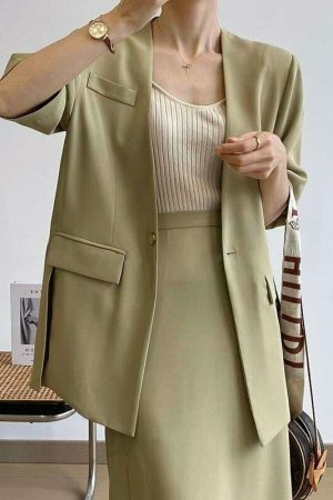 Y2K Korean Style Collarless Blazer & Front Slit Skirt Set