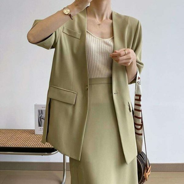 Y2K Korean Style Collarless Blazer & Front Slit Skirt Set