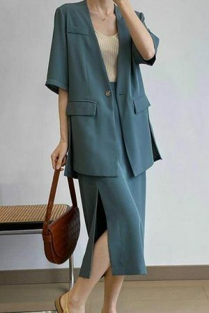 Y2K Korean Style Collarless Blazer & Front Slit Skirt Set