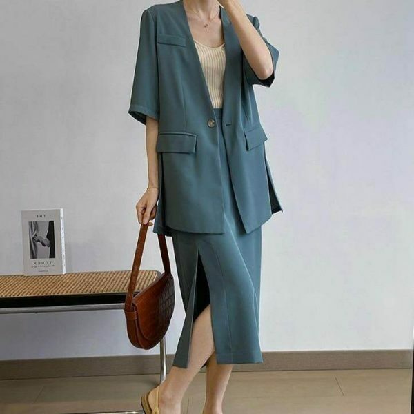 Y2K Korean Style Collarless Blazer & Front Slit Skirt Set