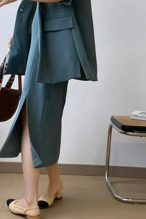 Y2K Korean Style Collarless Blazer & Front Slit Skirt Set