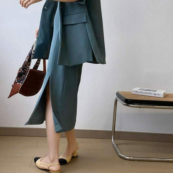 Y2K Korean Style Collarless Blazer & Front Slit Skirt Set