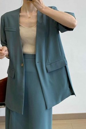 Y2K Korean Style Collarless Blazer & Front Slit Skirt Set