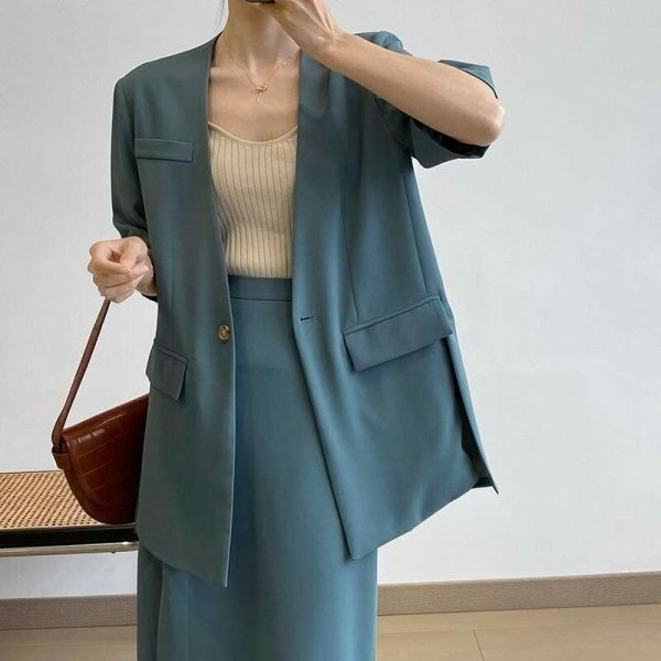 Y2K Korean Style Collarless Blazer & Front Slit Skirt Set