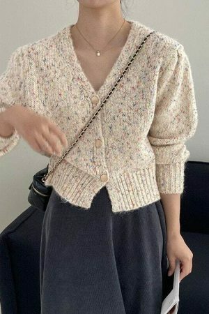 Y2K Korean Style Color Block V-neck Puff Sleeve Cardigan