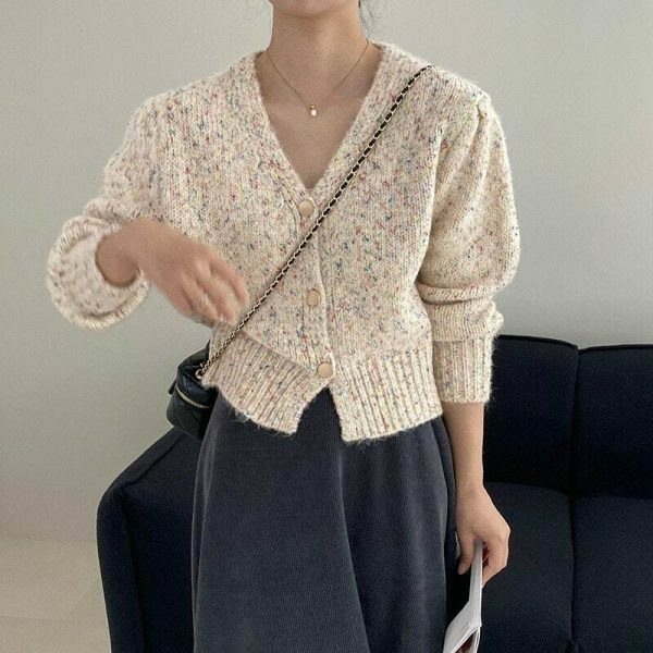 Y2K Korean Style Color Block V-neck Puff Sleeve Cardigan