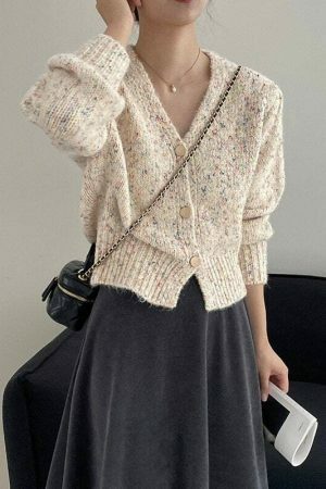 Y2K Korean Style Color Block V-neck Puff Sleeve Cardigan