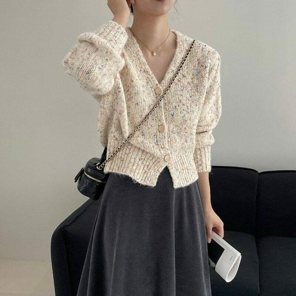 Y2K Korean Style Color Block V-neck Puff Sleeve Cardigan