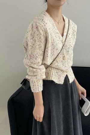 Y2K Korean Style Color Block V-neck Puff Sleeve Cardigan