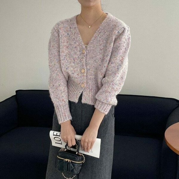 Y2K Korean Style Color Block V-neck Puff Sleeve Cardigan