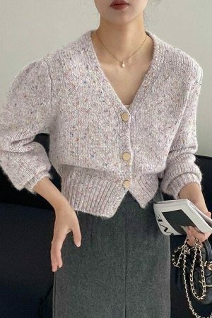 Y2K Korean Style Color Block V-neck Puff Sleeve Cardigan