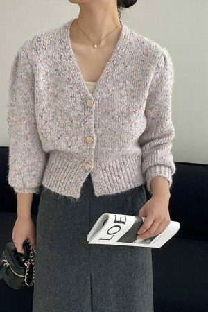 Y2K Korean Style Color Block V-neck Puff Sleeve Cardigan