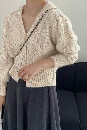 Y2K Korean Style Color Block V-neck Puff Sleeve Cardigan