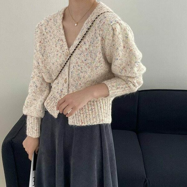 Y2K Korean Style Color Block V-neck Puff Sleeve Cardigan