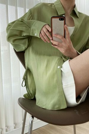 Y2K Korean Style Drawstring Long Sleeve Blouse