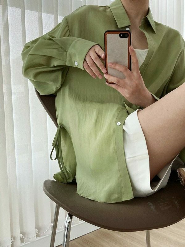 Y2K Korean Style Drawstring Long Sleeve Blouse