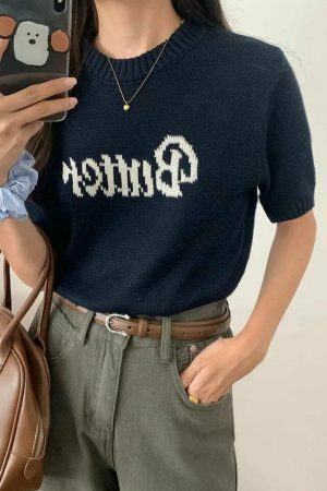 Y2K Korean Style Embroidered Crop Knit Top