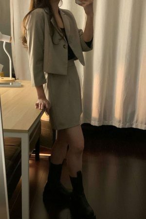 Y2K Korean Style Khaki Skort Suit Set with Colin Blazer