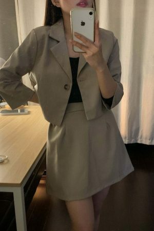 Y2K Korean Style Khaki Skort Suit Set with Colin Blazer