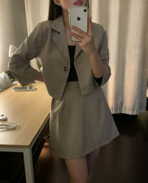 Y2K Korean Style Khaki Skort Suit Set with Colin Blazer