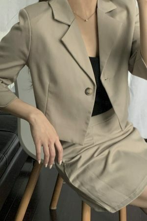 Y2K Korean Style Khaki Skort Suit Set with Colin Blazer