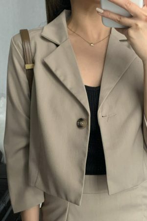 Y2K Korean Style Khaki Skort Suit Set with Colin Blazer