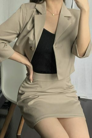 Y2K Korean Style Khaki Skort Suit Set with Colin Blazer