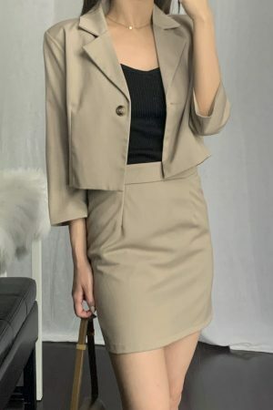 Y2K Korean Style Khaki Skort Suit Set with Colin Blazer