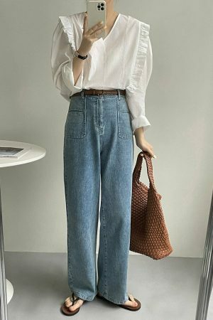 Y2K Korean Style Light Wash High Rise Wide Leg Jeans