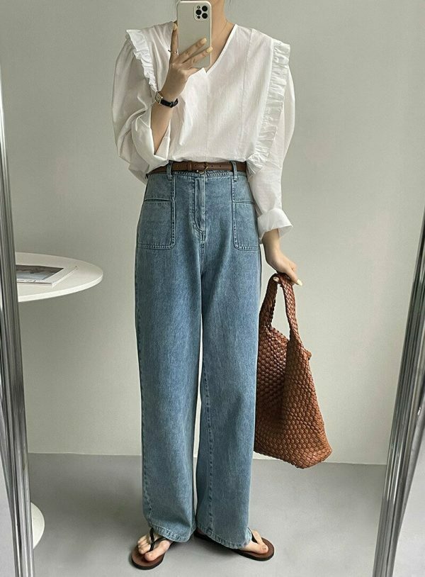 Y2K Korean Style Light Wash High Rise Wide Leg Jeans