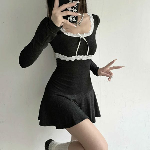 Y2K Korean Style Mini A-line Dress in Black or Gray