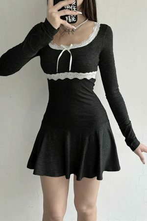 Y2K Korean Style Mini A-line Dress in Black or Gray