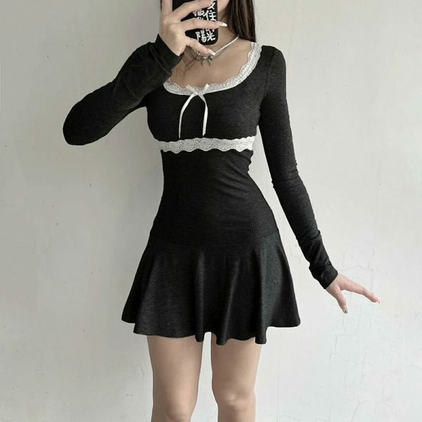 Y2K Korean Style Mini A-line Dress in Black or Gray