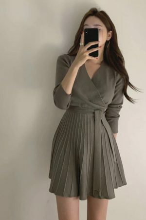 Y2K Korean Style Morrie Pleated Knit Wrap Dress