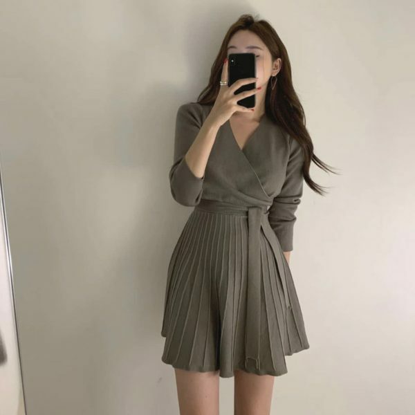 Y2K Korean Style Morrie Pleated Knit Wrap Dress