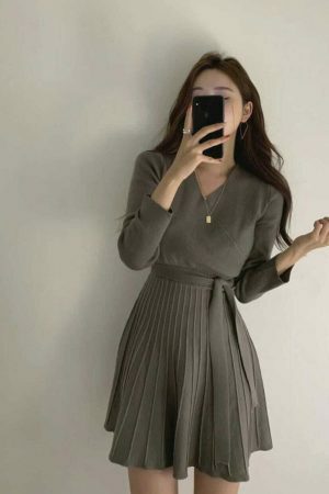 Y2K Korean Style Morrie Pleated Knit Wrap Dress