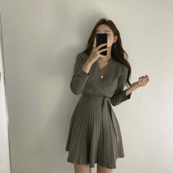 Y2K Korean Style Morrie Pleated Knit Wrap Dress