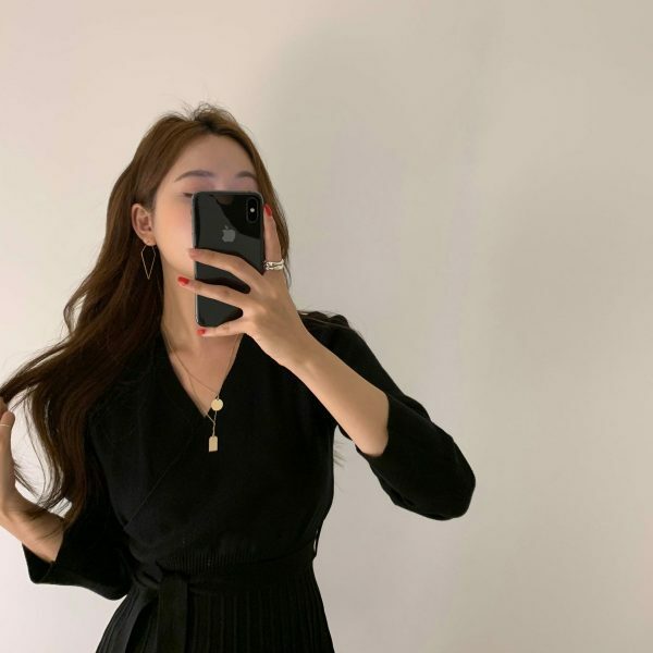 Y2K Korean Style Morrie Pleated Knit Wrap Dress