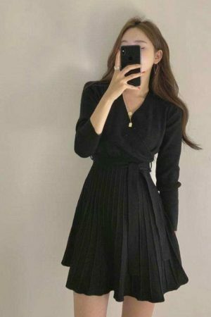 Y2K Korean Style Morrie Pleated Knit Wrap Dress