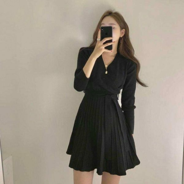 Y2K Korean Style Morrie Pleated Knit Wrap Dress