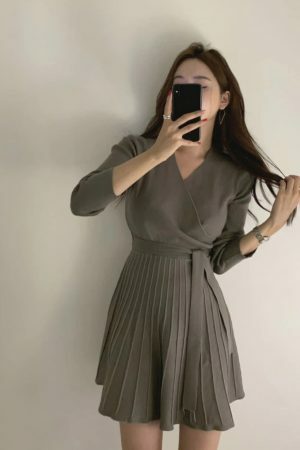 Y2K Korean Style Morrie Pleated Knit Wrap Dress