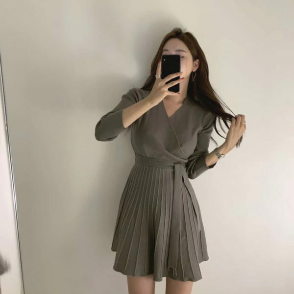 Y2K Korean Style Morrie Pleated Knit Wrap Dress