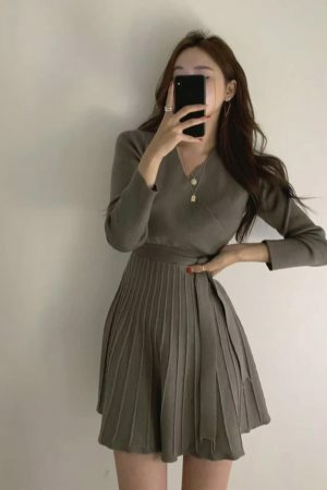 Y2K Korean Style Morrie Pleated Knit Wrap Dress